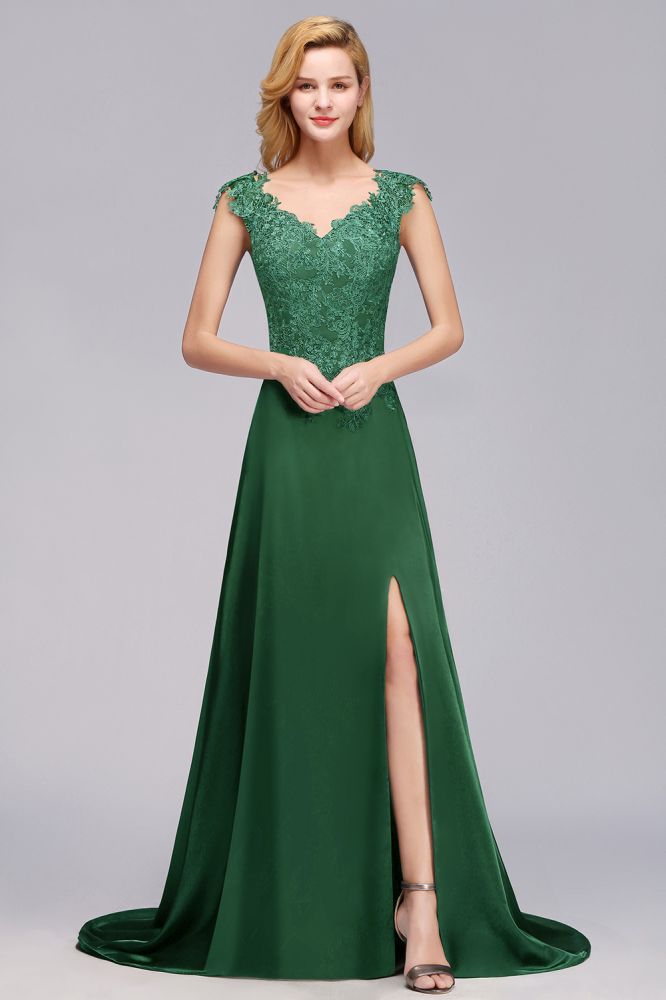 Vestido de dama de honor verde con mangas cortas, apliques en forma de A, abertura lateral y cola larga