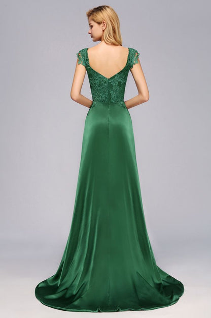 Vestido de dama de honor verde con mangas cortas, apliques en forma de A, abertura lateral y cola larga