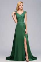 Vestido de dama de honor verde con mangas cortas, apliques en forma de A, abertura lateral y cola larga