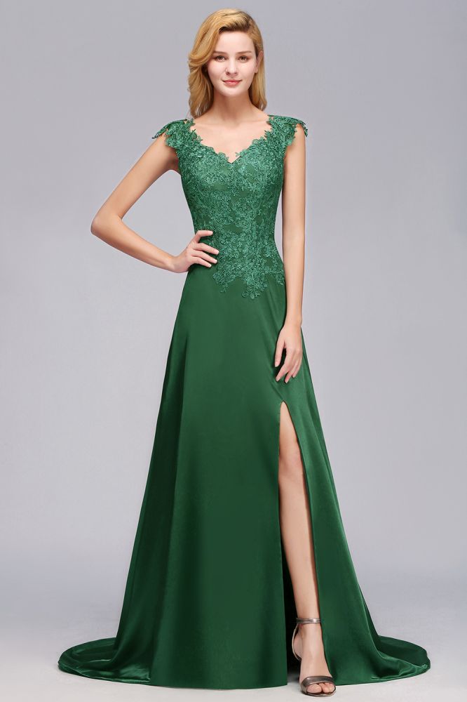 Vestido de dama de honor verde con mangas cortas, apliques en forma de A, abertura lateral y cola larga