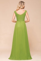 Vestido de dama de honor verde largo y sencillo con mangas cortas