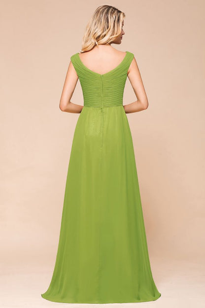 Vestido de dama de honor verde largo y sencillo con mangas cortas