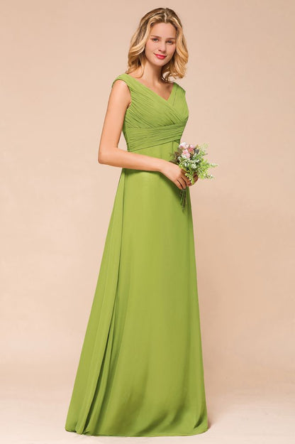 Vestido de dama de honor verde largo y sencillo con mangas cortas
