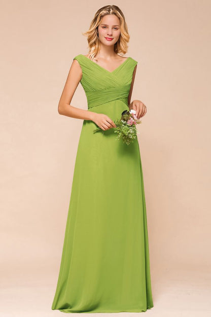 Vestido de dama de honor verde largo y sencillo con mangas cortas