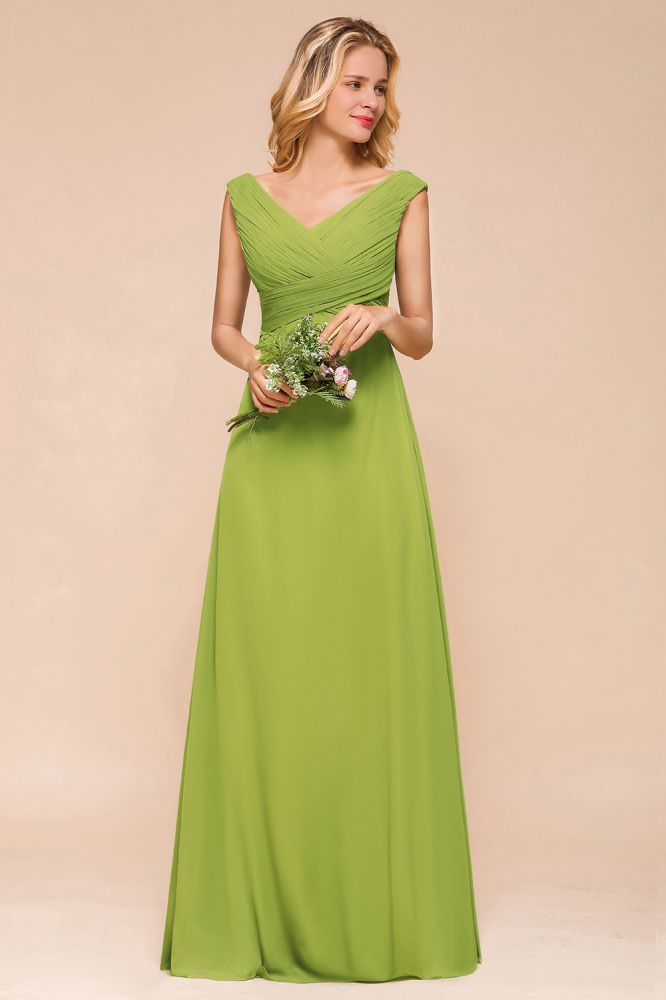 Vestido de dama de honor verde largo y sencillo con mangas cortas