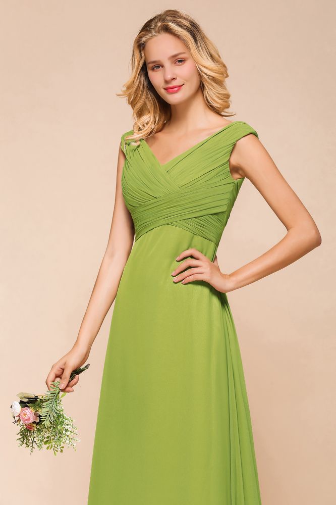 Vestido de dama de honor verde largo y sencillo con mangas cortas
