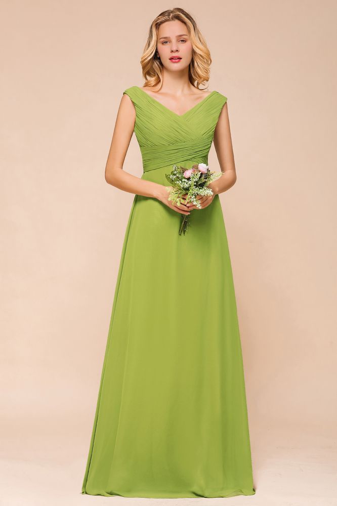 Vestido de dama de honor verde largo y sencillo con mangas cortas