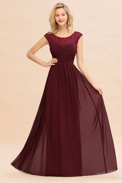 Vestido de dama de honor largo hasta el suelo de gasa color burdeos con mangas cortas