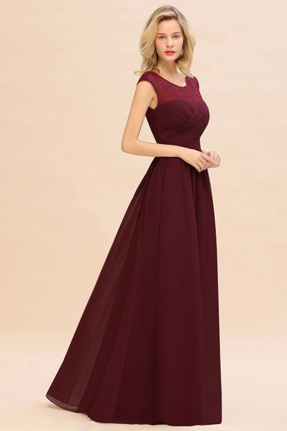Vestido de dama de honor largo hasta el suelo de gasa color burdeos con mangas cortas