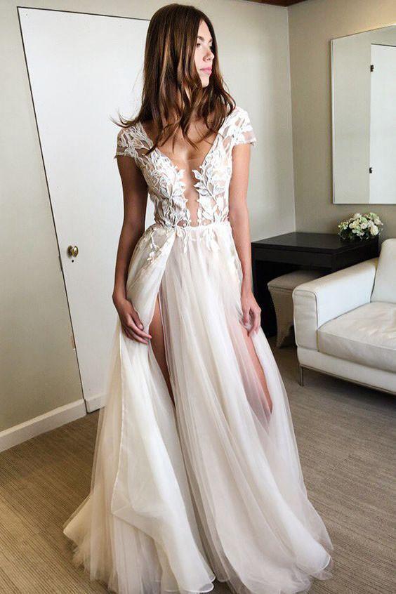 Flügelärmeln tiefem V-Ausschnitt Ballkleid mit Applikationen Sexy Split Brautkleider PG902