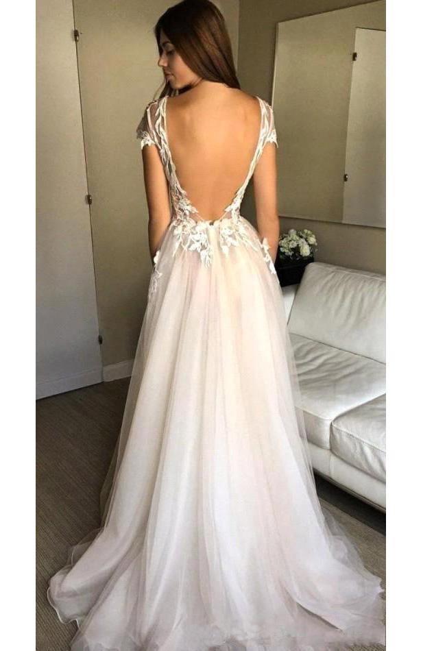 Flügelärmeln tiefem V-Ausschnitt Ballkleid mit Applikationen Sexy Split Brautkleider PG902