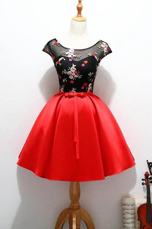 Vestidos de fiesta cortos con mangas cortas en rojo y negro, bonitos, para la fiesta de bienvenida PD218