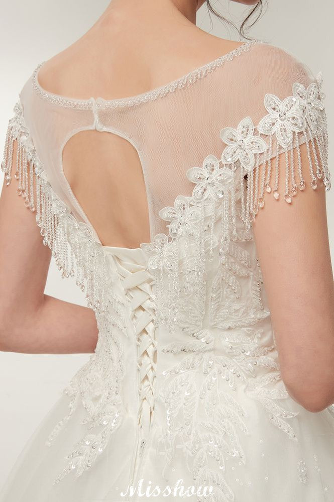 Vestidos de novia con mangas cortas, corte A, escote redondo, largo hasta el suelo y apliques de encaje