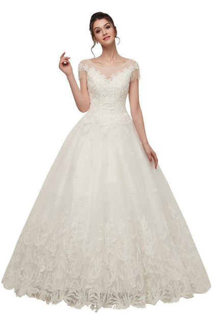 Vestidos de novia con mangas cortas, corte A, escote redondo, largo hasta el suelo y apliques de encaje