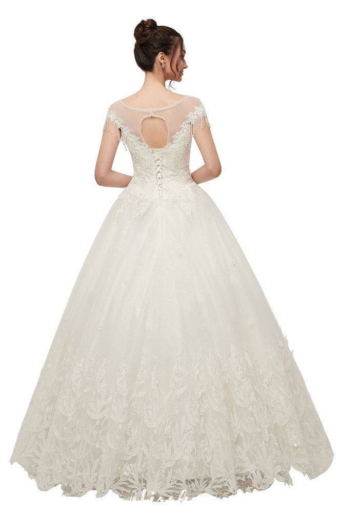 Vestidos de novia con mangas cortas, corte A, escote redondo, largo hasta el suelo y apliques de encaje