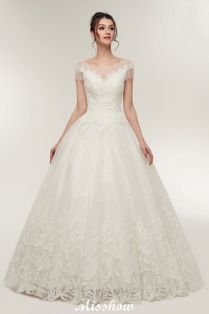Vestidos de novia con mangas cortas, corte A, escote redondo, largo hasta el suelo y apliques de encaje