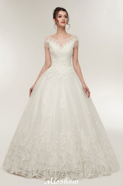 Vestidos de novia con mangas cortas, corte A, escote redondo, largo hasta el suelo y apliques de encaje
