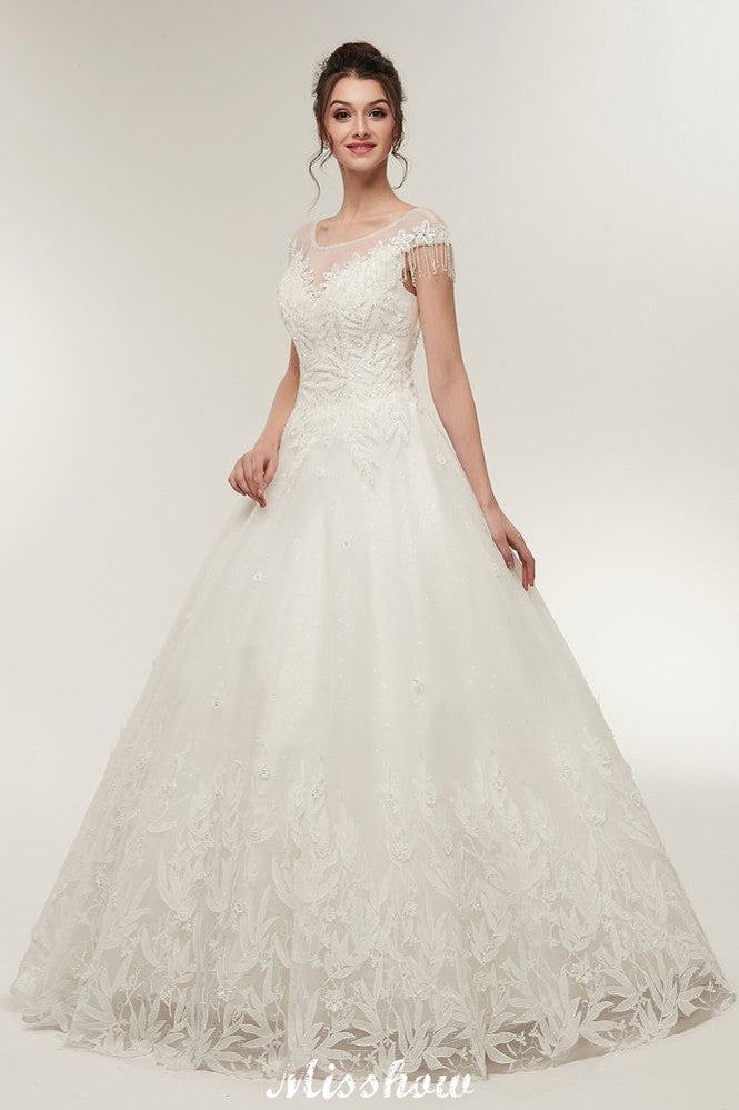 Vestidos de novia con mangas cortas, corte A, escote redondo, largo hasta el suelo y apliques de encaje