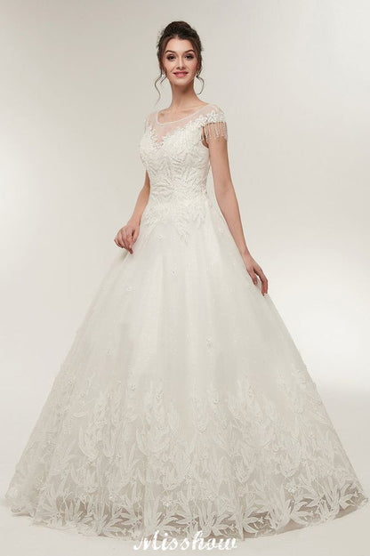 Vestidos de novia con mangas cortas, corte A, escote redondo, largo hasta el suelo y apliques de encaje