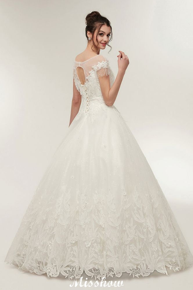 Vestidos de novia con mangas cortas, corte A, escote redondo, largo hasta el suelo y apliques de encaje