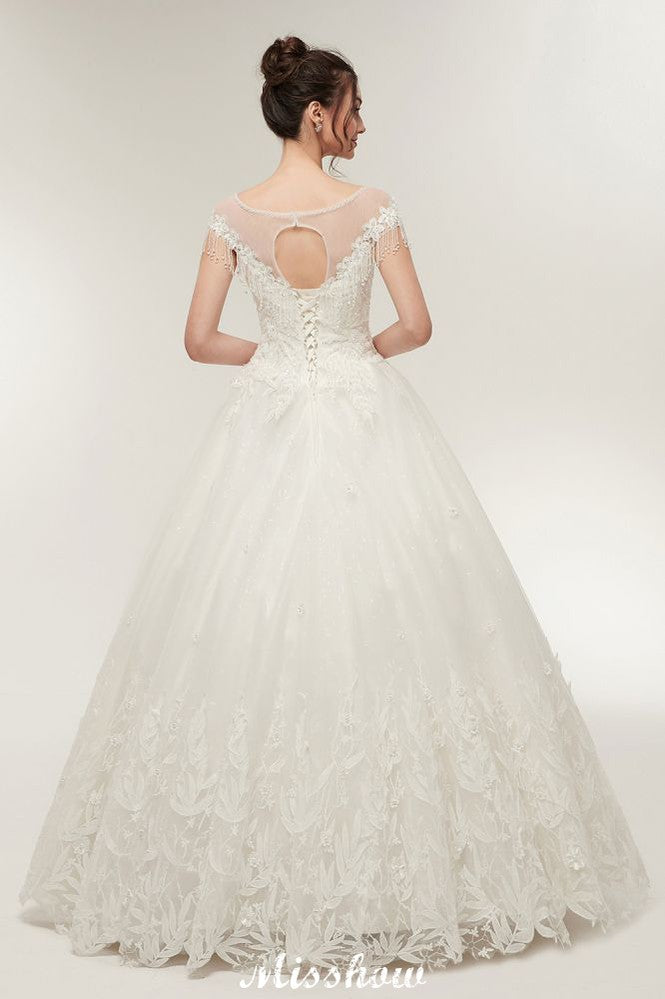 Vestidos de novia con mangas cortas, corte A, escote redondo, largo hasta el suelo y apliques de encaje