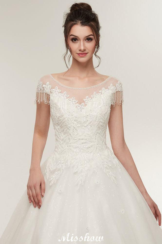 Vestidos de novia con mangas cortas, corte A, escote redondo, largo hasta el suelo y apliques de encaje