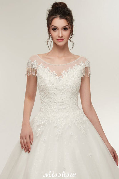 Vestidos de novia con mangas cortas, corte A, escote redondo, largo hasta el suelo y apliques de encaje