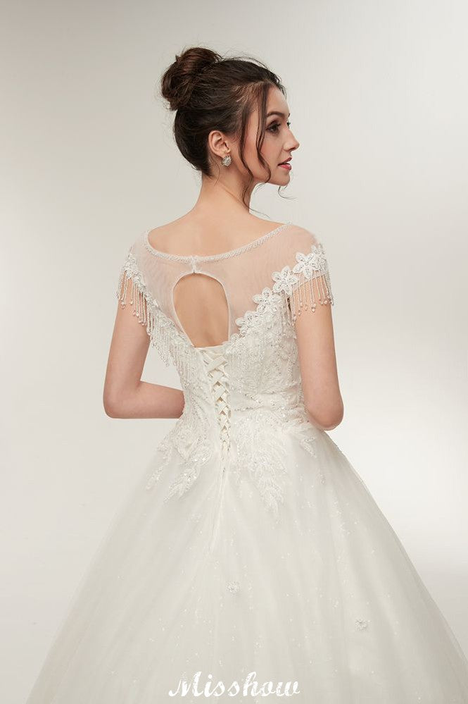 Vestidos de novia con mangas cortas, corte A, escote redondo, largo hasta el suelo y apliques de encaje