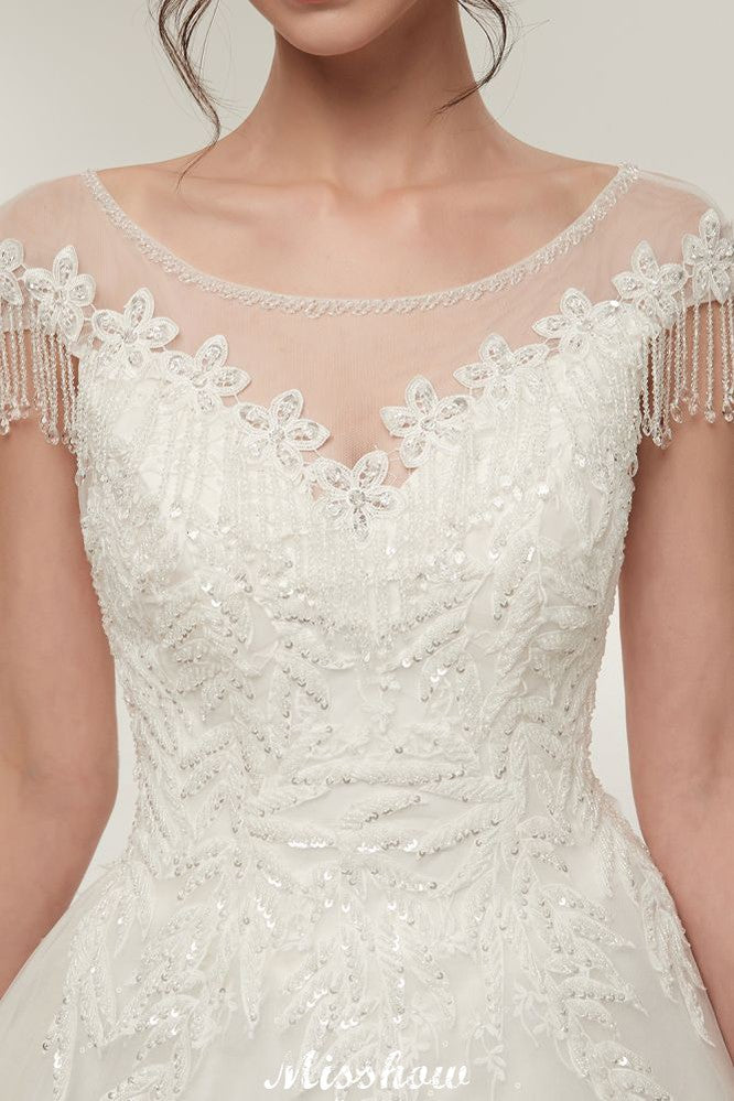 Vestidos de novia con mangas cortas, corte A, escote redondo, largo hasta el suelo y apliques de encaje