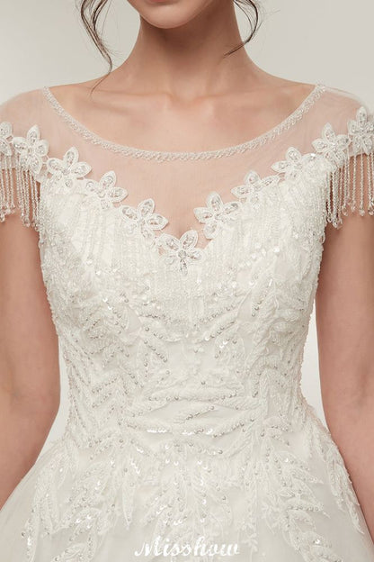 Vestidos de novia con mangas cortas, corte A, escote redondo, largo hasta el suelo y apliques de encaje