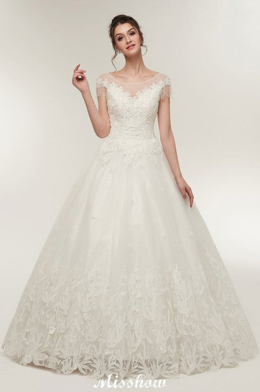 Vestidos de novia con mangas cortas, corte A, escote redondo, largo hasta el suelo y apliques de encaje