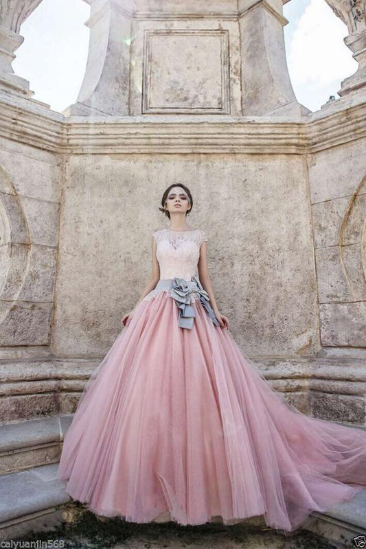 Vestido de novia de tul rosa con lazo y encaje, mangas cortas, WD074