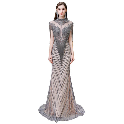 Flügelärmeln, hoher Halsausschnitt, glitzernde Perlen, bodenlanges Meerjungfrau-Abendkleid
