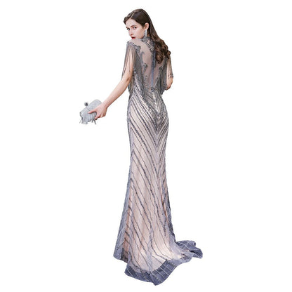 Flügelärmeln, hoher Halsausschnitt, glitzernde Perlen, bodenlanges Meerjungfrau-Abendkleid