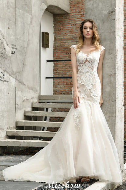 Flügelärmeln Spitze Meerjungfrau Brautkleid Weiß/Elfenbein Blumengarten Brautkleid