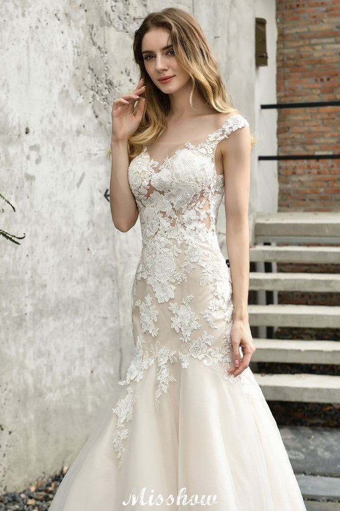 Flügelärmeln Spitze Meerjungfrau Brautkleid Weiß/Elfenbein Blumengarten Brautkleid