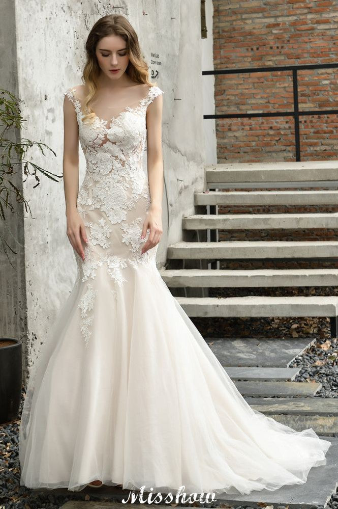 Flügelärmeln Spitze Meerjungfrau Brautkleid Weiß/Elfenbein Blumengarten Brautkleid