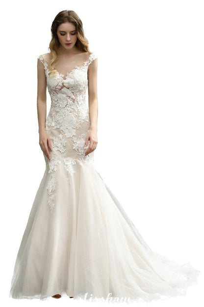 Flügelärmeln Spitze Meerjungfrau Brautkleid Weiß/Elfenbein Blumengarten Brautkleid