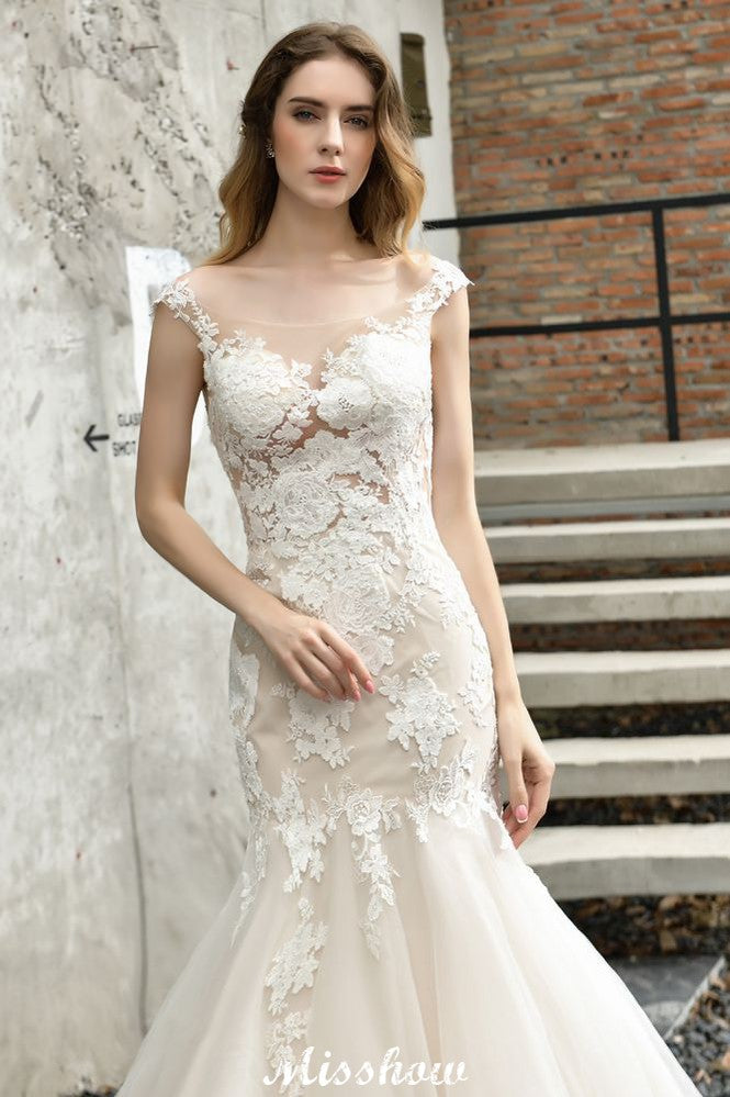 Flügelärmeln Spitze Meerjungfrau Brautkleid Weiß/Elfenbein Blumengarten Brautkleid
