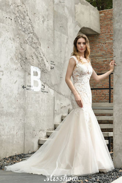 Flügelärmeln Spitze Meerjungfrau Brautkleid Weiß/Elfenbein Blumengarten Brautkleid