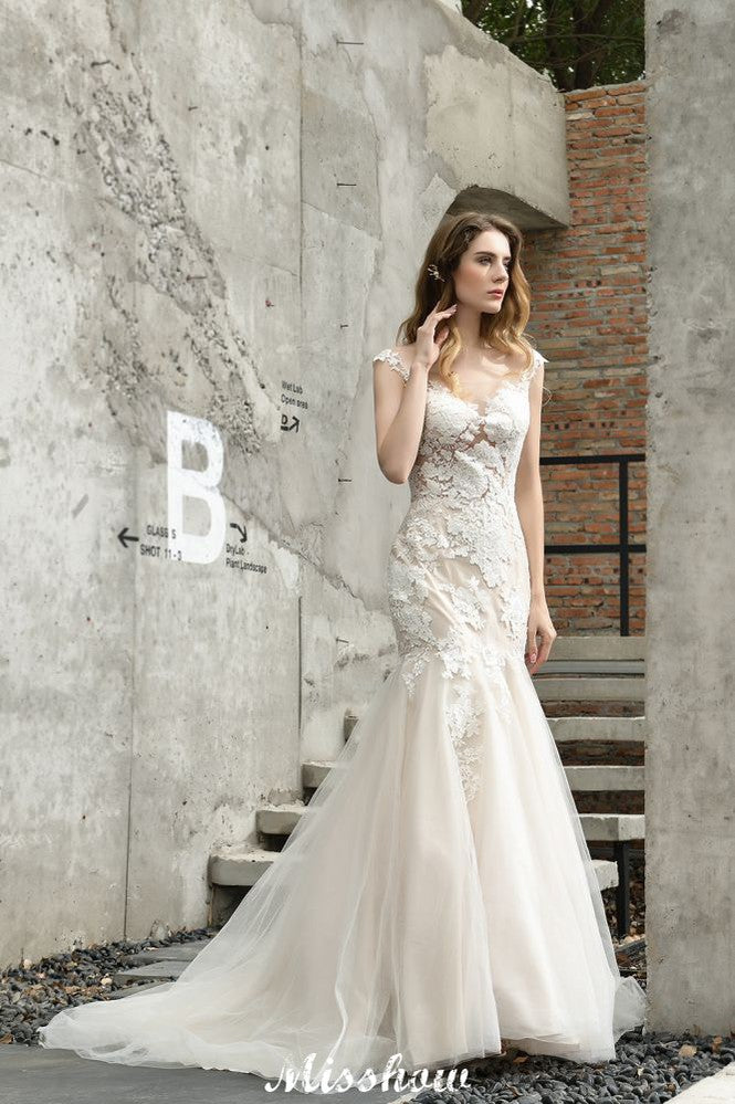 Flügelärmeln Spitze Meerjungfrau Brautkleid Weiß/Elfenbein Blumengarten Brautkleid