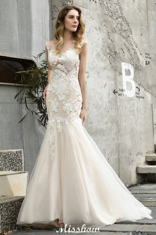 Vestido de novia de sirena con mangas cortas y encaje, blanco/marfil, con flores para jardín
