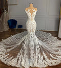 Luxuriöses Meerjungfrau-Brautkleid mit Rundhalsausschnitt, langem Tüll und Perlenstickerei