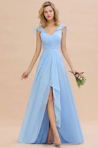 Vestido de dama de honor de gasa con mangas cortas y volantes, corte A, para fiesta de boda