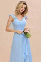 Vestido de dama de honor de gasa con mangas cortas y volantes, corte A, para fiesta de boda