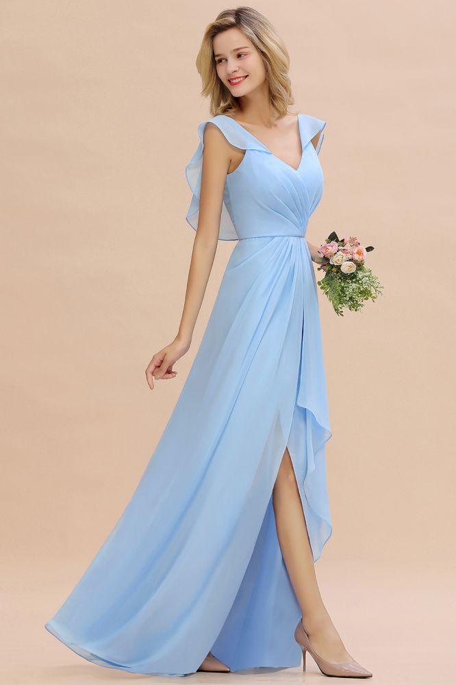 Vestido de dama de honor de gasa con mangas cortas y volantes, corte A, para fiesta de boda