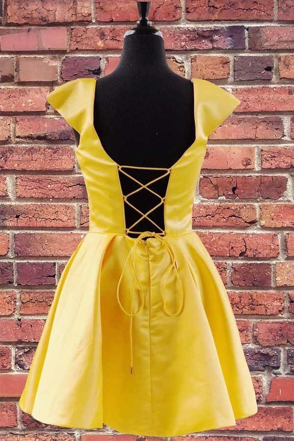 Kurzes, königsblaues Homecoming-Kleid mit Flügelärmeln und Schnürung am Rücken PD321