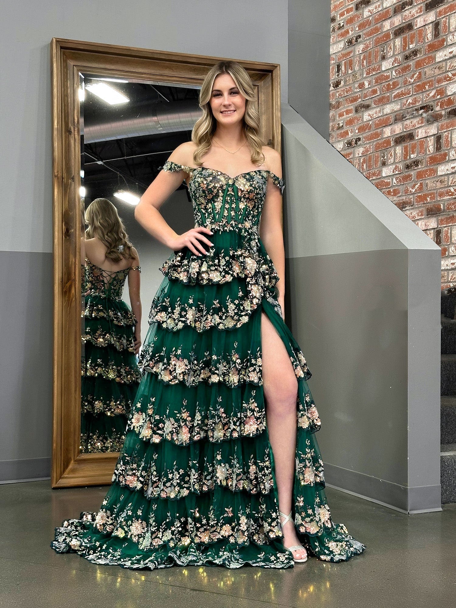 Capri | Green Crystal Sequins Princess A Line Off the Shoulder Prom Dress with Lace Ruffles