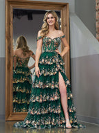 Capri | Vestido de fiesta princesa de lentejuelas de cristal verde, corte A, hombros descubiertos y volantes de encaje