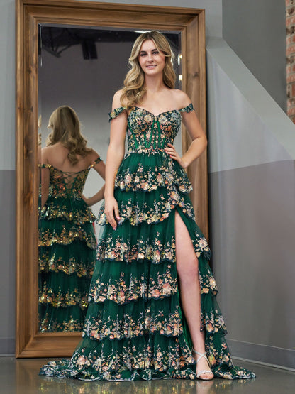 Capri | Vestido de fiesta princesa de lentejuelas de cristal verde, corte A, hombros descubiertos y volantes de encaje